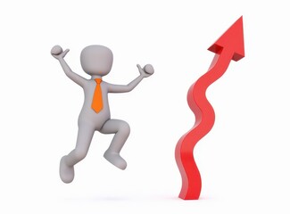 3d man red arrow success chart on white background.