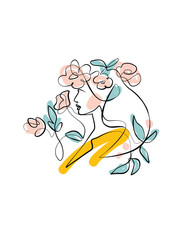Minimalistic portrait of a woman on a white background. Abstract art. continuous one line drawing . woman in flowers. outline illustration. ptint. modern artwork. line art. fashion illustration. 