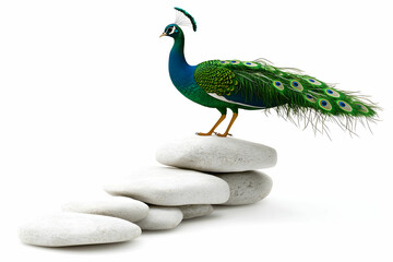 Fototapeta premium Elegant Peacock Standing on White Stones with Vibrant Feathers