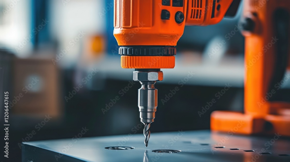 Poster a drilling machine positioned upright with its bit angled towards the camera on a neutral grey surfa