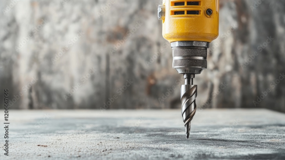 Poster a drilling machine positioned upright with its bit angled towards the camera on a neutral grey surfa