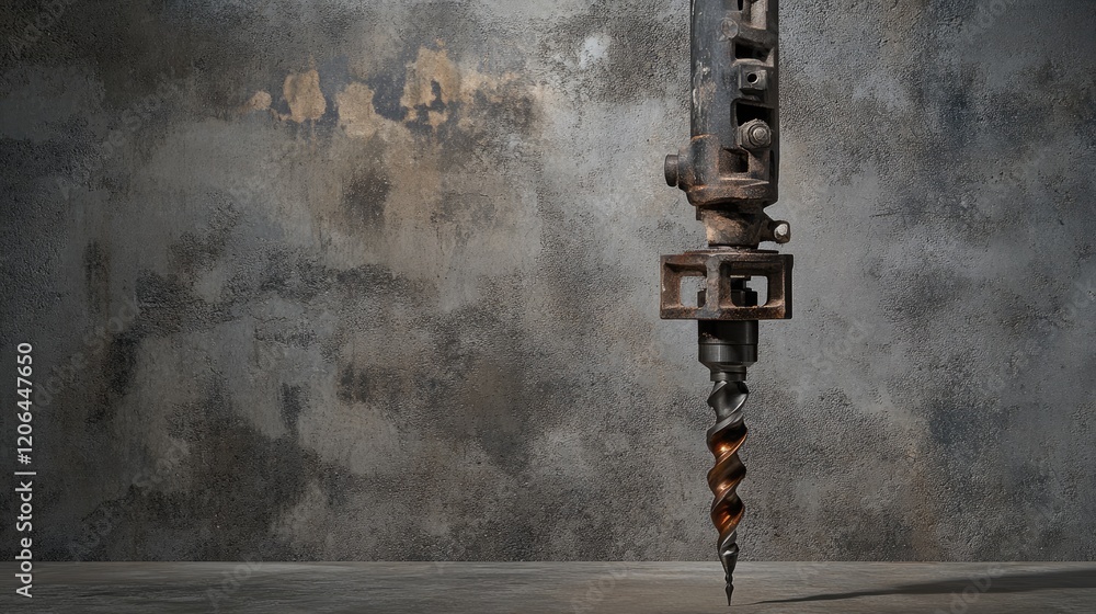 Poster a drilling machine positioned upright with its bit angled towards the camera on a neutral grey surfa