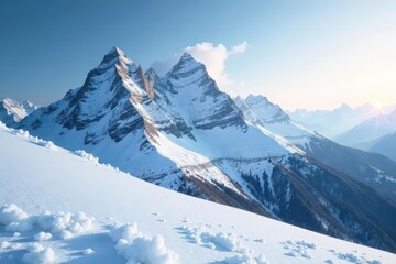 Obraz premium Snowy mountain peaks rising high in the frosty sky, silence, snowflakes
