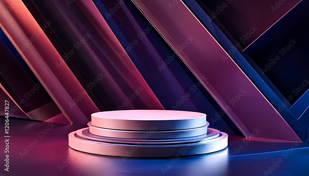 Poster multi-layered display platform against a backdrop of angled, vibrant colors.