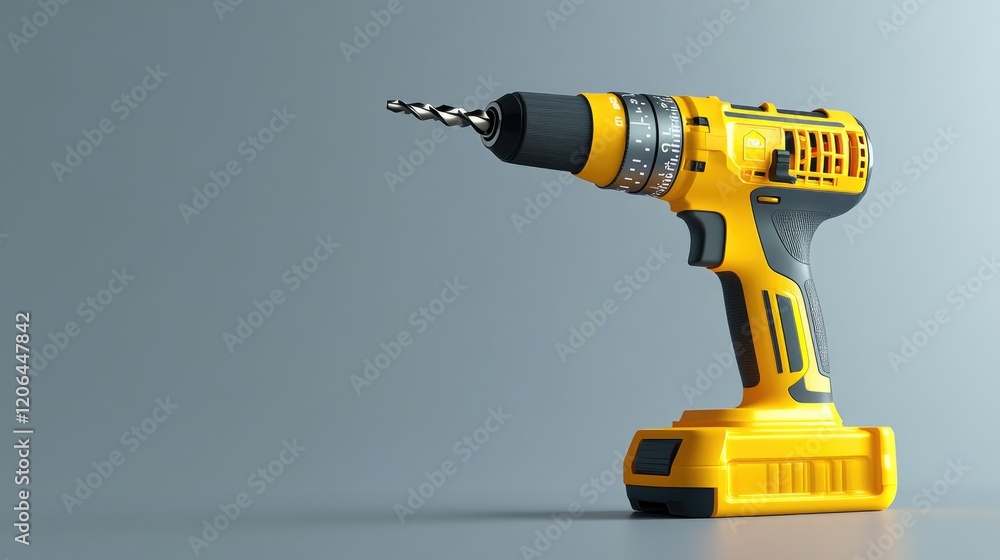 Poster a drill standing vertically with its bit pointed upwards on a solid grey background.