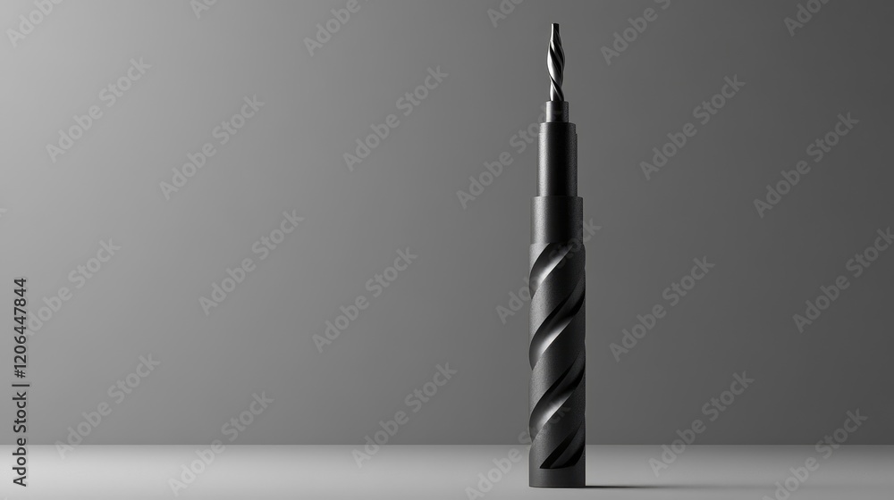 Poster a drill standing vertically with its bit pointed upwards on a solid grey background.