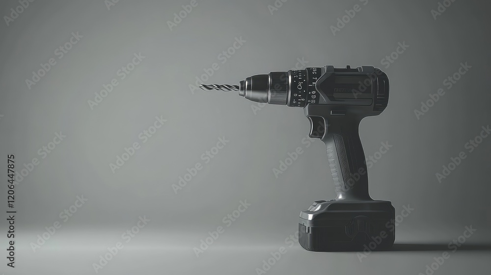 Poster a drill standing vertically with its bit pointed upwards on a solid grey background.