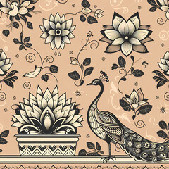Seamless pattern with peacocks and  flowers