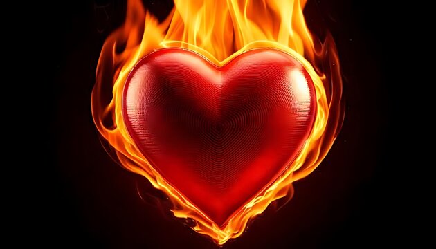 patterned red heart is consumed by bright, intense, encircling flames against black.