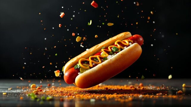 Delicious Hotdog with Gourmet Toppings in Dark Setting