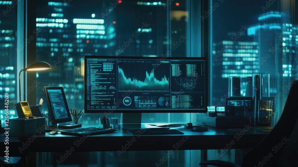 Poster a financial analyst's desk with a computer showing a revenue forecast for the upcoming year.
