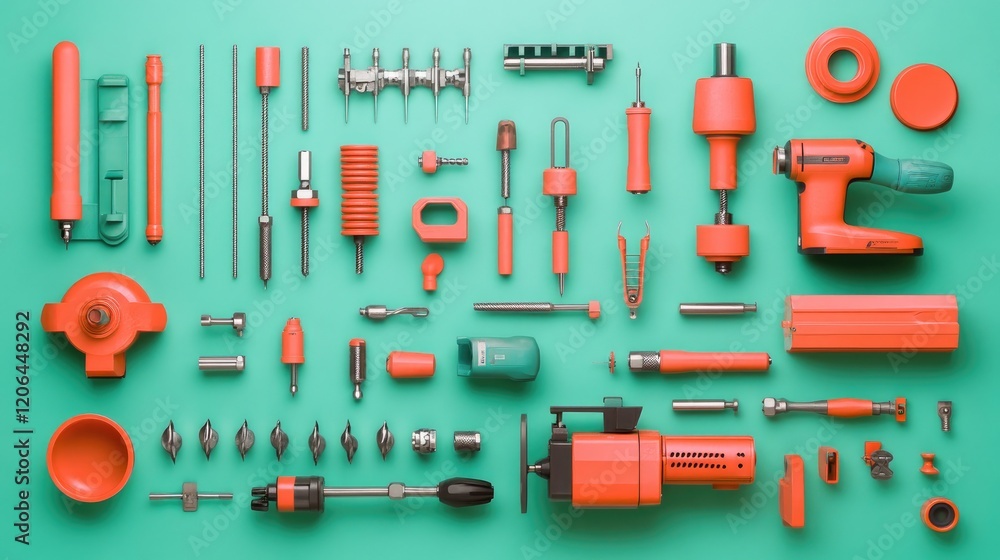 Poster a flat-lay of a drilling machine and its attachments placed neatly on a bright green surface.