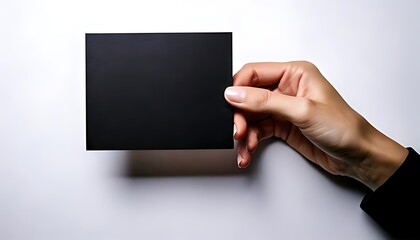 Naklejka premium single hand holds a black, rectangular card on a white surface.