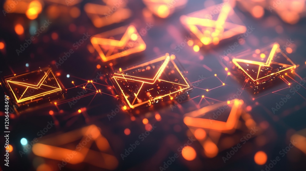 Poster a futuristic design of holographic email icons on a dark gradient background.