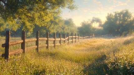 Obraz premium Peaceful Morning Scene in Nature with Wooden Fence