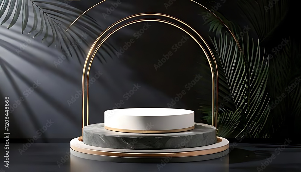 Poster white circular platform with a marble base sits within a gold archway.