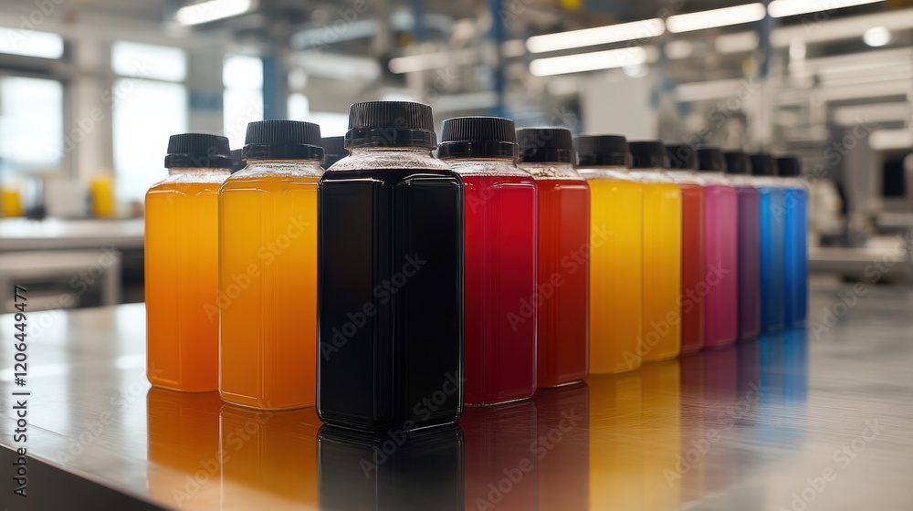 Poster colorful beverage bottles lined up on a production line in a modern factory setting
