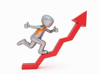 3d man red arrow success chart on white background.