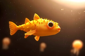 Vibrant Yellow Fish with Spikes Swimming in Mystical Ocean Depths