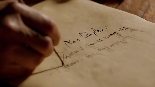 Mano escribiendo con pluma en papiro