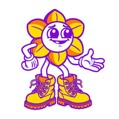 Retro Cartoon Flower Character with Big Boots, Funny Mascot Illustration