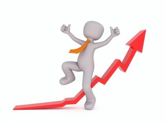 3d man red arrow success chart on white background.