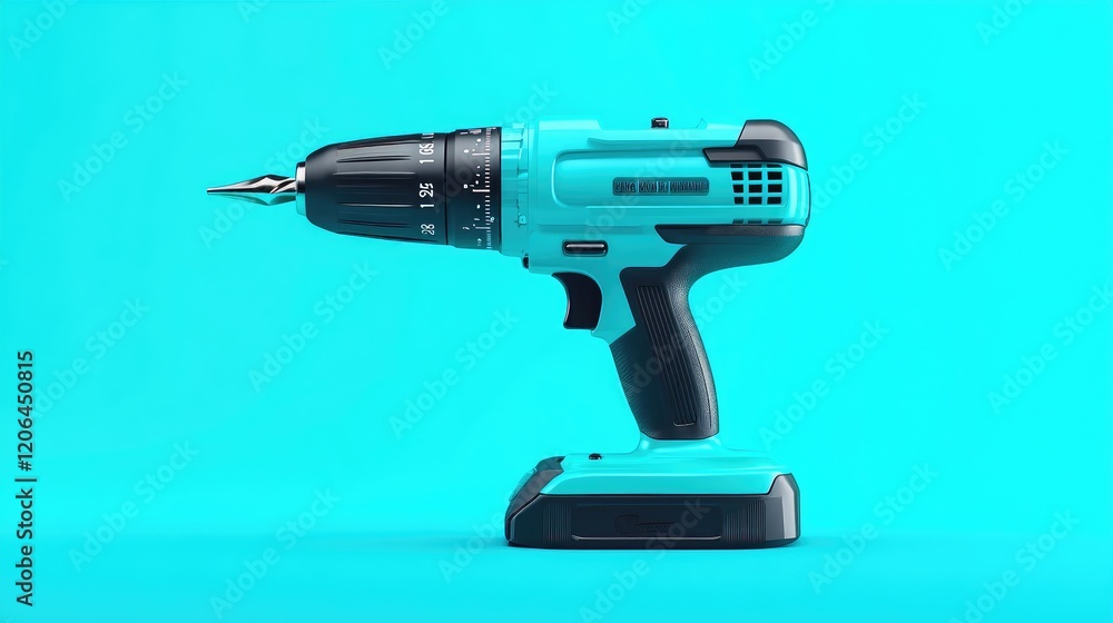 Poster a modern electric drill with multiple settings placed on a teal background with contrasting shadows.