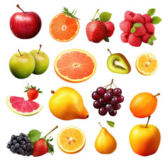 Various kinds of delicious fruits isolated on a white transparent background