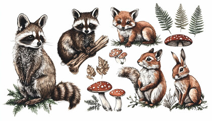 Forest animals hand drawn set. Realistic wildlife animals and natural elements collection. Raccoon, bunny, rabbit, brown owl, red fox, squirrel forest fern and mushrooms elements. White background
