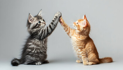 Fun and playful photo of two cats giving each other a high five on a clean white background