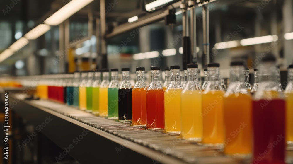 Poster colorful array of beverage bottles on a production line in a modern factory setting