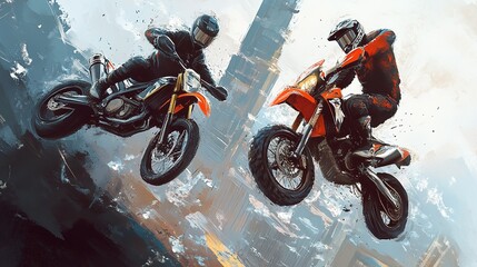 Two acrobatic motorcyclist designs featuring action, extreme sports and adrenaline-themed artwork.