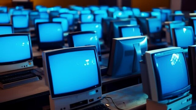 A vintage computer lab with numerous blue-screened monitors arranged neatly on desks