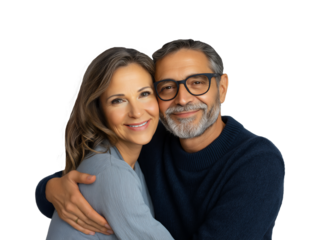 Middle age Caucasian couple embracing and smiling, isolated on white transparent background