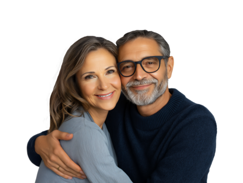 Middle age Caucasian couple embracing and smiling, isolated on white transparent background