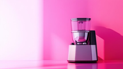 A sleek electric juicer with chrome detailing displayed on a vibrant pink background.