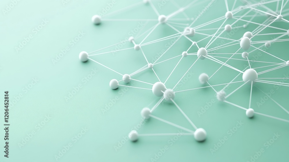 Poster a vibrant d rendering of interconnected nodes on a soft green background.
