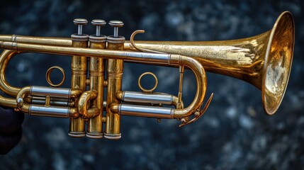 Obraz premium Close-up of a brass trumpet held in a musician's hand against a blurred dark background