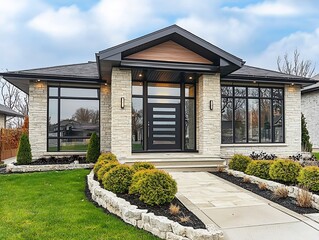 Modern suburban home with lightcolored stone siding sleek black trim and large windows The yard is neatly landscaped with minimalist shrubs and a concrete walkway leading to the front door