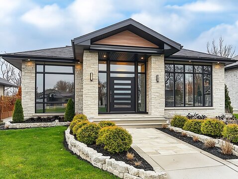 Modern suburban home with lightcolored stone siding sleek black trim and large windows The yard is neatly landscaped with minimalist shrubs and a concrete walkway leading to the front door