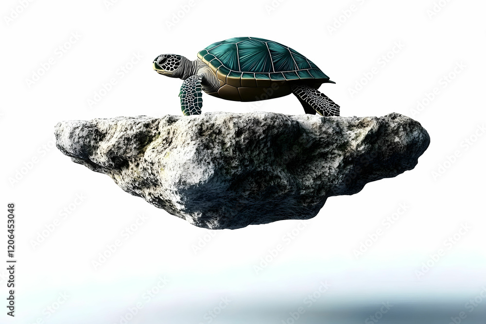 Poster floating turtle on a rock surrounded by minimalist background