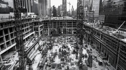 Fototapeta premium Overhead shot of a construction site with cranes and building materials arranged below.