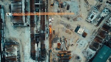 Overhead shot of a construction site with cranes and building materials arranged below.