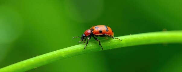 Naklejka premium Oriental beetle crawling along a curved green stem, tiny insect, nature's details, bug