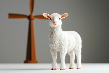 Fototapeta premium Charming White Lamb Figurine with Wooden Windmill in Background