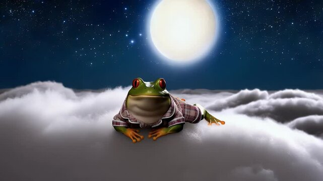 Frog lounging on clouds under a bright moon at night