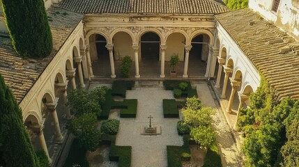 Overhead view of a symmetrical building courtyard surrounded by arches and columns.