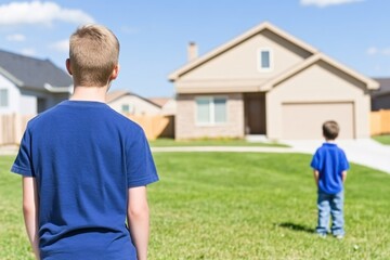 Boys Looking at New Suburban Home Dream House Family Life