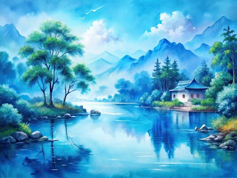 A brushstroke blue watercolor landscape, Indanthrene hues paint a nature scene, artistic impression.