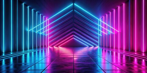 Abstract pink and blue neon lines illuminate a futuristic silhouette, glowing digitally.